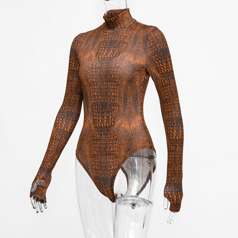 Women's Autumn Slim Elastic High Neck Bodysuit With Crocodile Print