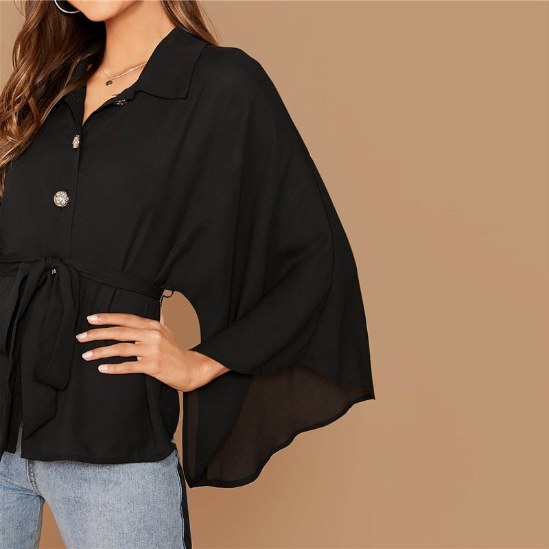 Women's Casual Polyester Long-Sleeved Belted Shirt