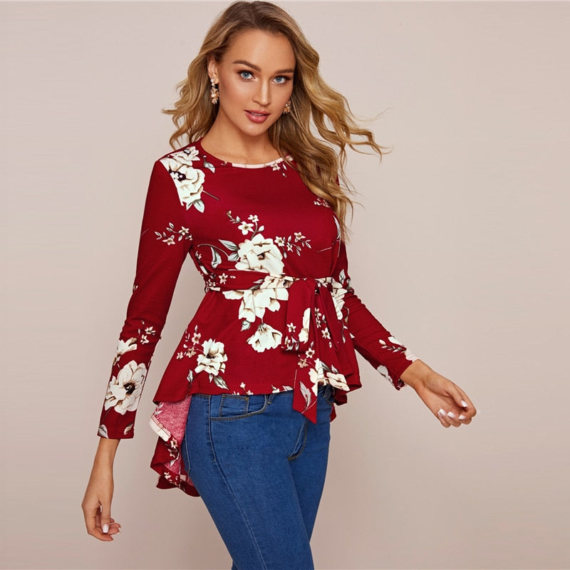 Women's Spring Casual O-Neck Asymmetrical Blouse With Floral Print