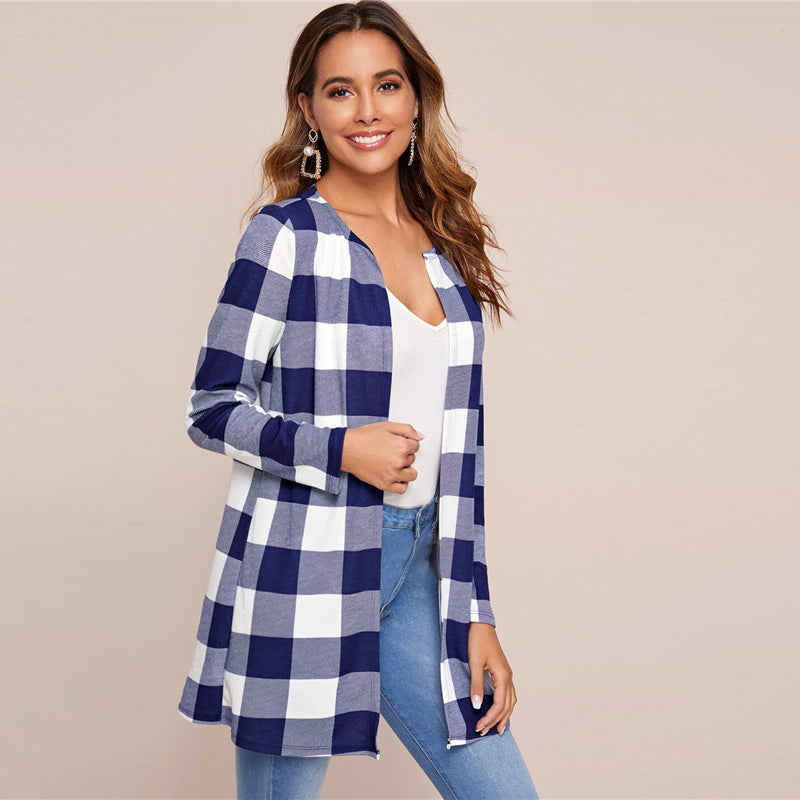 Women's Spring Casual Polyester O-Neck Cardigan With Plaid Print
