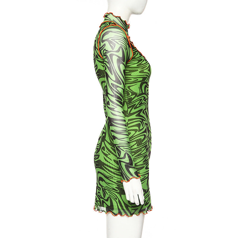 Women's Spring/Autumn Mesh Skinny High Neck Printed Dress