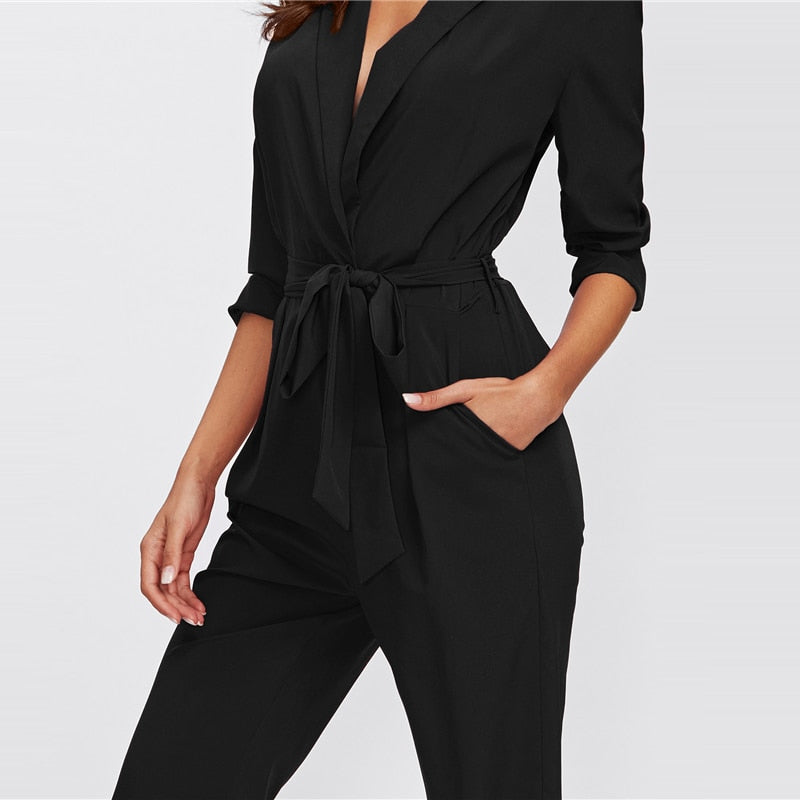 Women's Long Sleeved Belted Jumpsuit With Pockets