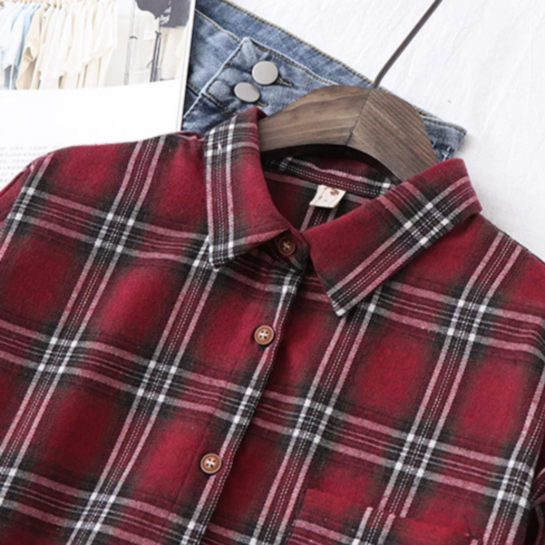 Women's Spring Casual Spandex Loose Plaid Shirt With Pockets