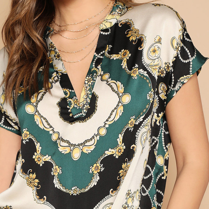 Women's Summer Casual Satin V-Neck Blouse With Print