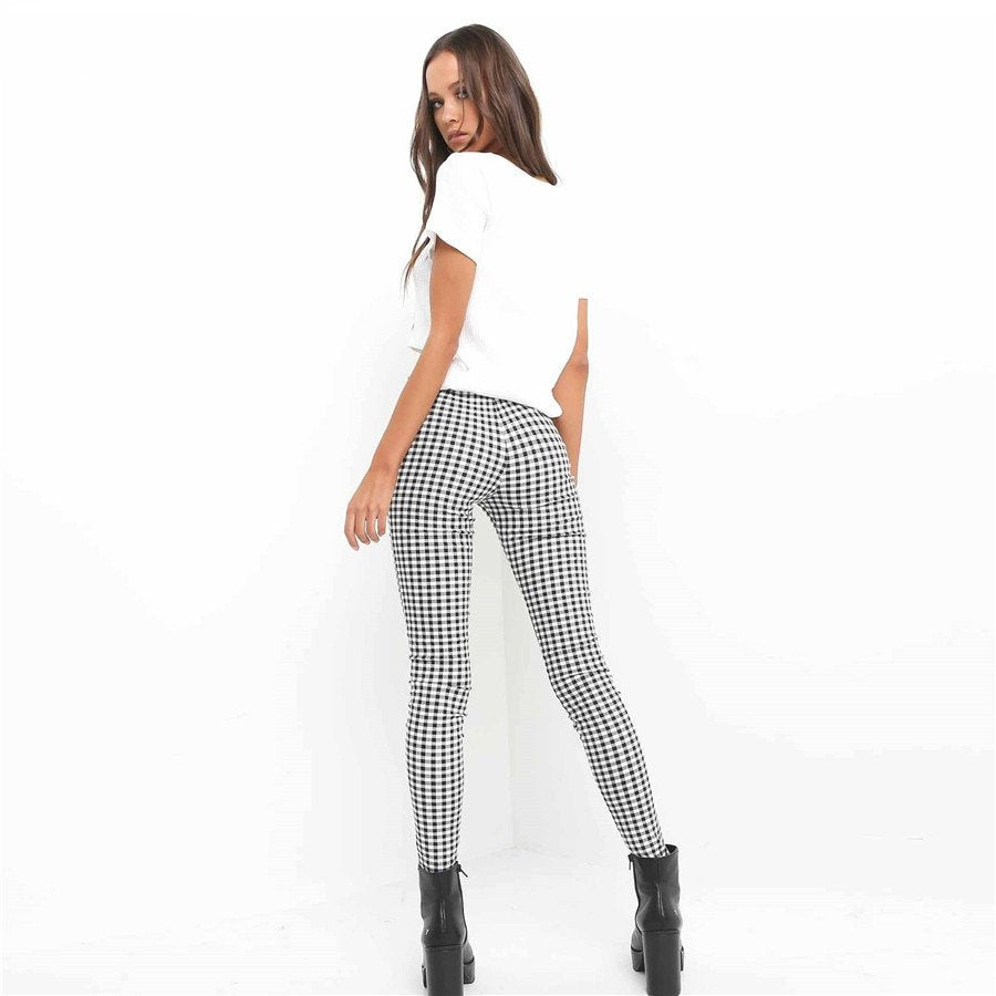 Women's Casual Cotton Elastic Plaid Pants
