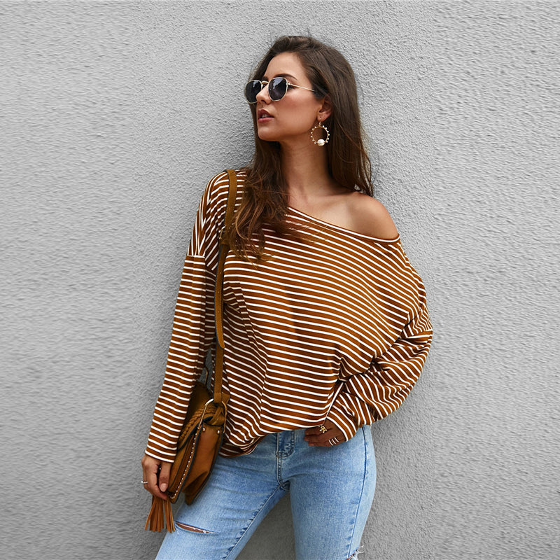Women's Spring Casual Striped Loose T-Shirt With Asymmetrical Neck