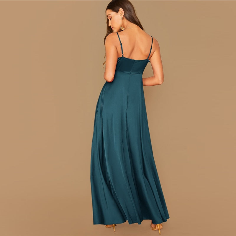 Women's Summer Satin A-Line V-Neck Long Dress