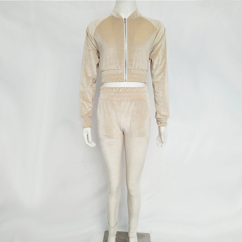Women's Autumn Velvet Two-Piece Suit With Zipper | Top And Pants