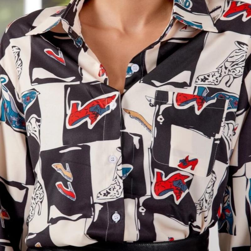 Women's Chiffon Loose Turn Down Collar Printed Shirt