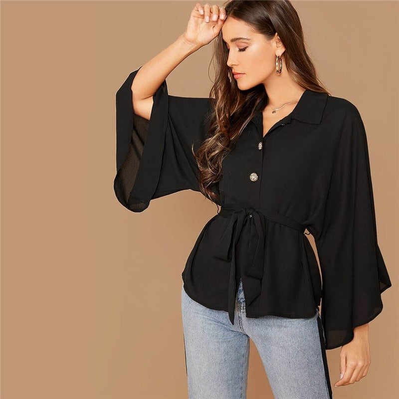 Women's Casual Polyester Long-Sleeved Belted Shirt
