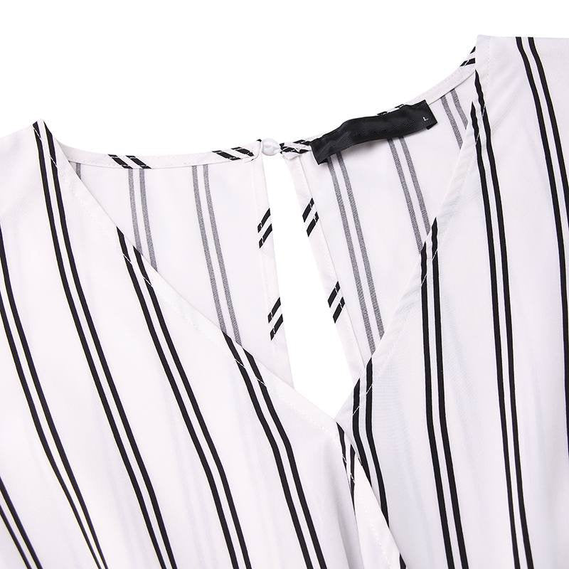 Women's Summer Striped Polyester V-Neck Jumpsuit