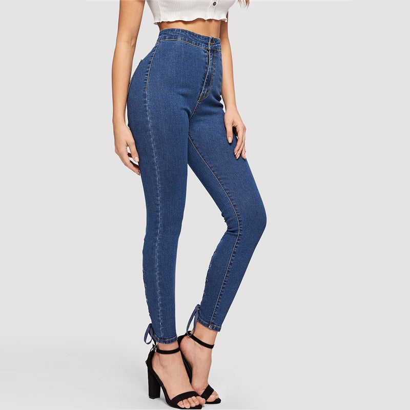 Women's Skinny Stretchy High-Waist Jeans With Crisscross Knot