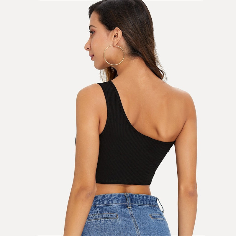 Women's Summer Slim One-Shoulder Tank Crop Top