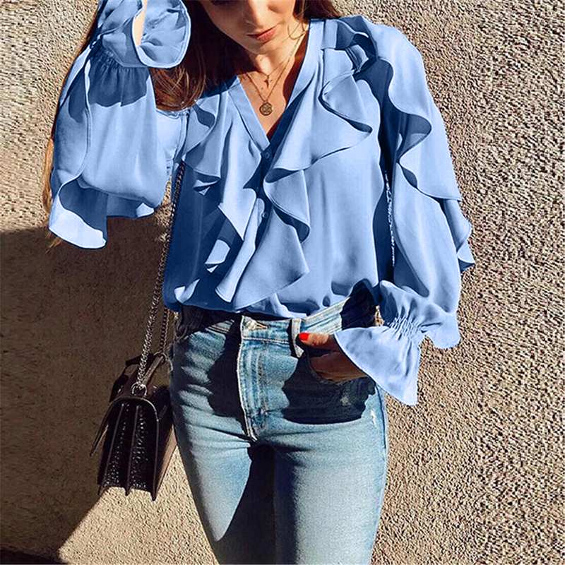 Women's Spring/Summer Casual Polyester V-Neck Shirt With Ruffles