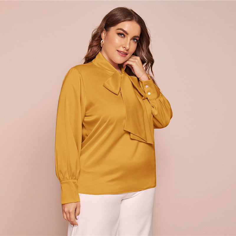 Women's Spring Polyester Blouse With Tie Neck | Plus Size