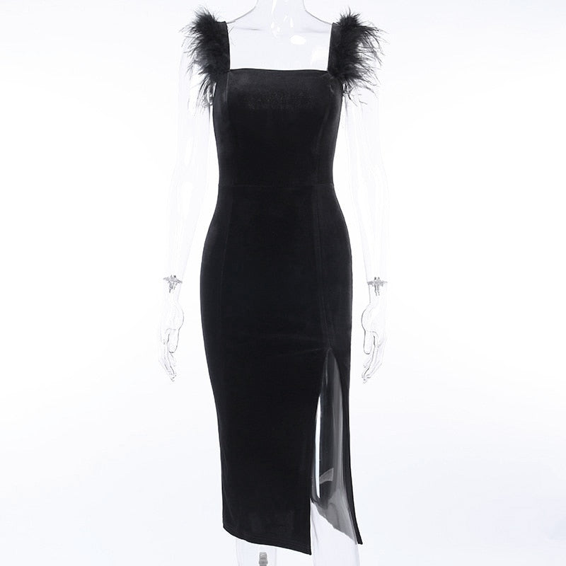 Women's Square Neck Split Skinny Dress With Feathers
