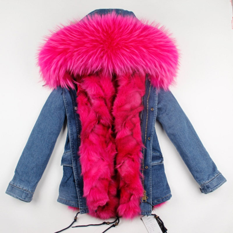Women's Winter Casual Denim Thick Short Parka With Raccoon Fur