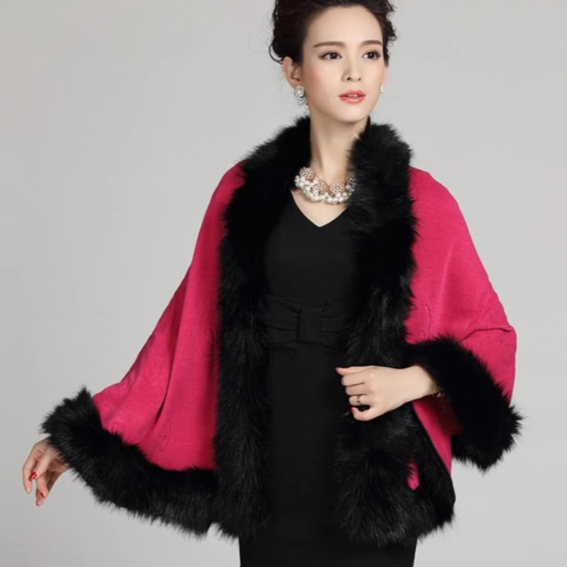 Women's Winter Casual O-Neck Poncho With Faux Fox Fur