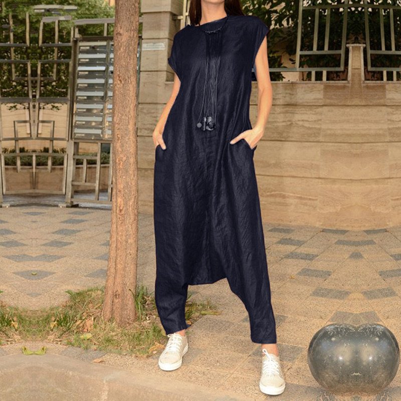 Women's Summer Casual Polyester Short-Sleeved Loose Jumpsuit
