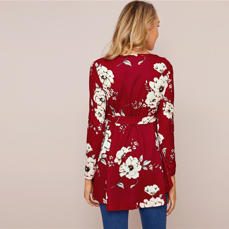 Women's Spring Casual O-Neck Asymmetrical Blouse With Floral Print