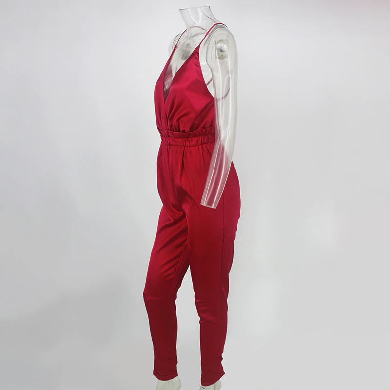 Women's Casual Polyester Deep V-Neck Long Jumpsuit