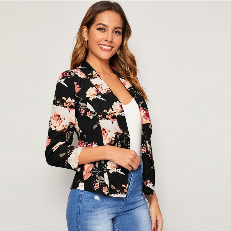 Women's Spring Polyester Long-Sleeved Blazer With Floral Print