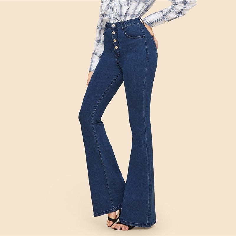 Women's Autumn Mid Waist Stretchy Flare Jeans