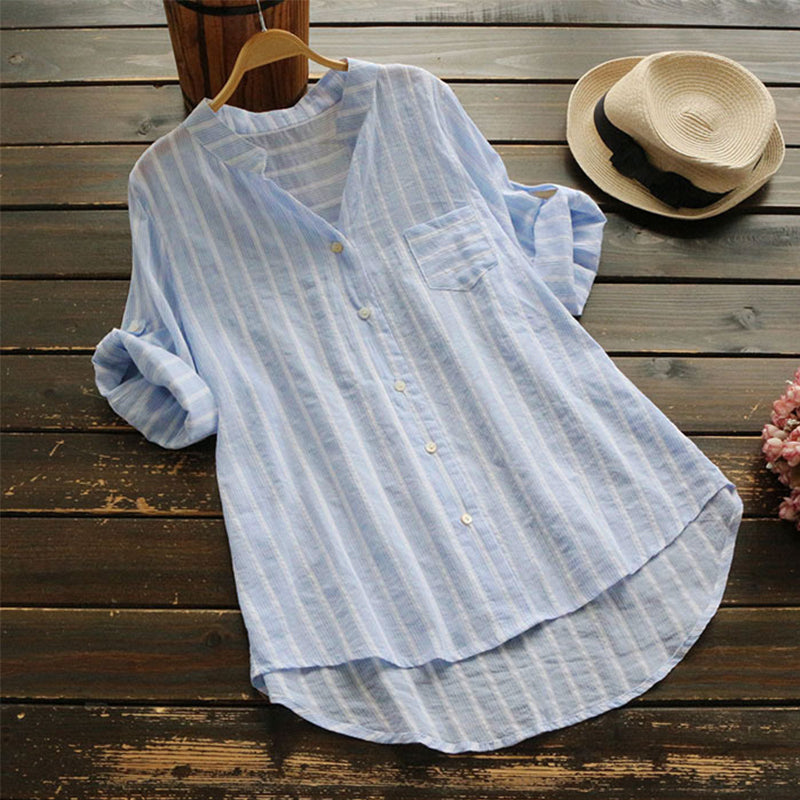 Women's Summer Casual Linen Striped Shirt With Buttons