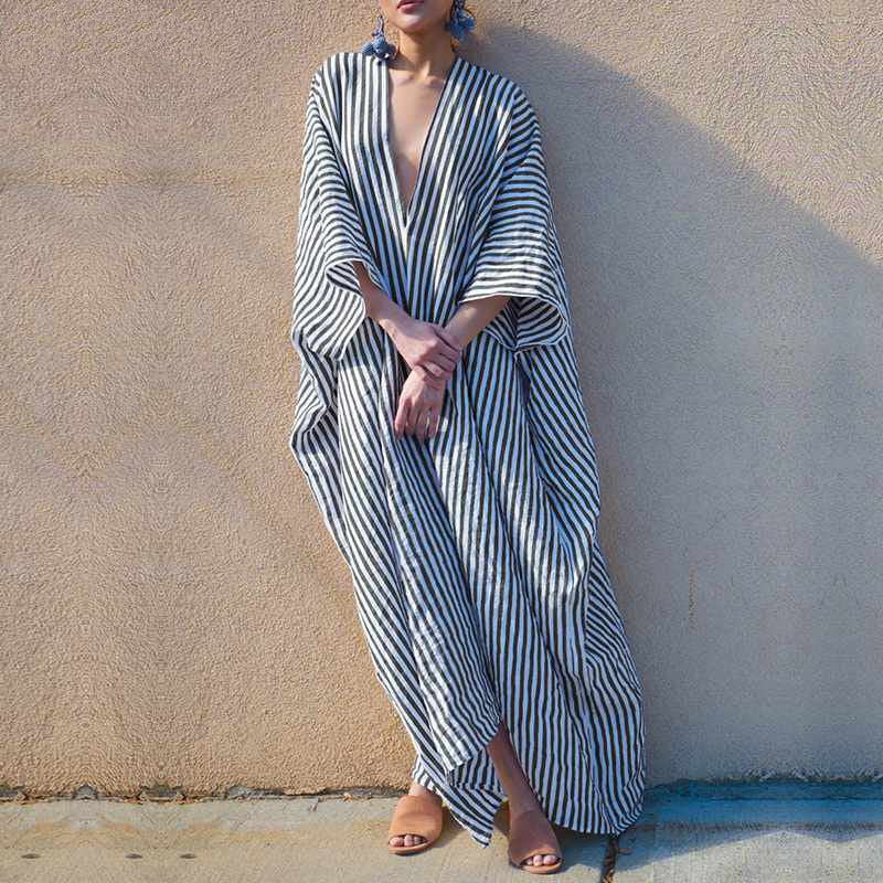 Women's Summer Casual V-Neck Striped Loose Long Dress