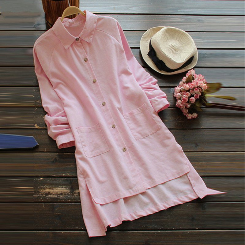 Women's Spring/Summer Casual Cotton Long Shirt With Pockets