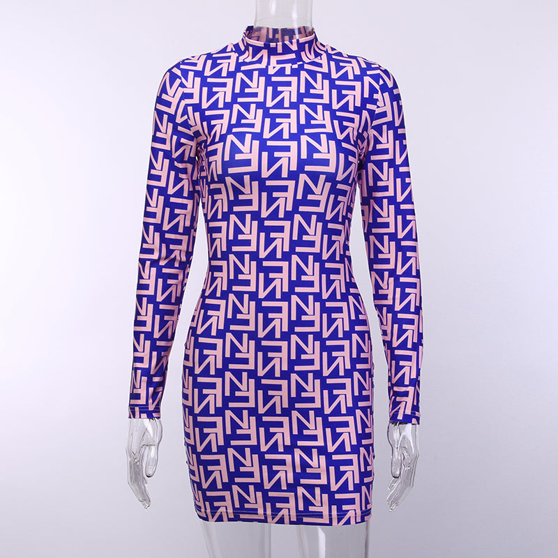 Women's Casual High Neck Printed Elastic Mini Dress