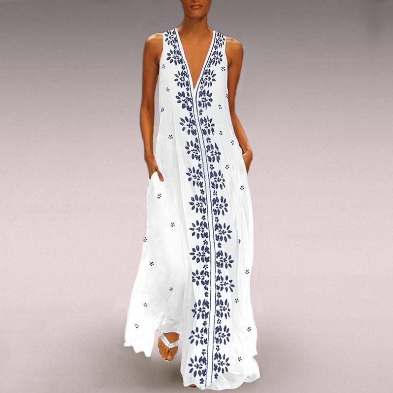 Women's Summer Casual V-Neck Loose Maxi Dress With Print