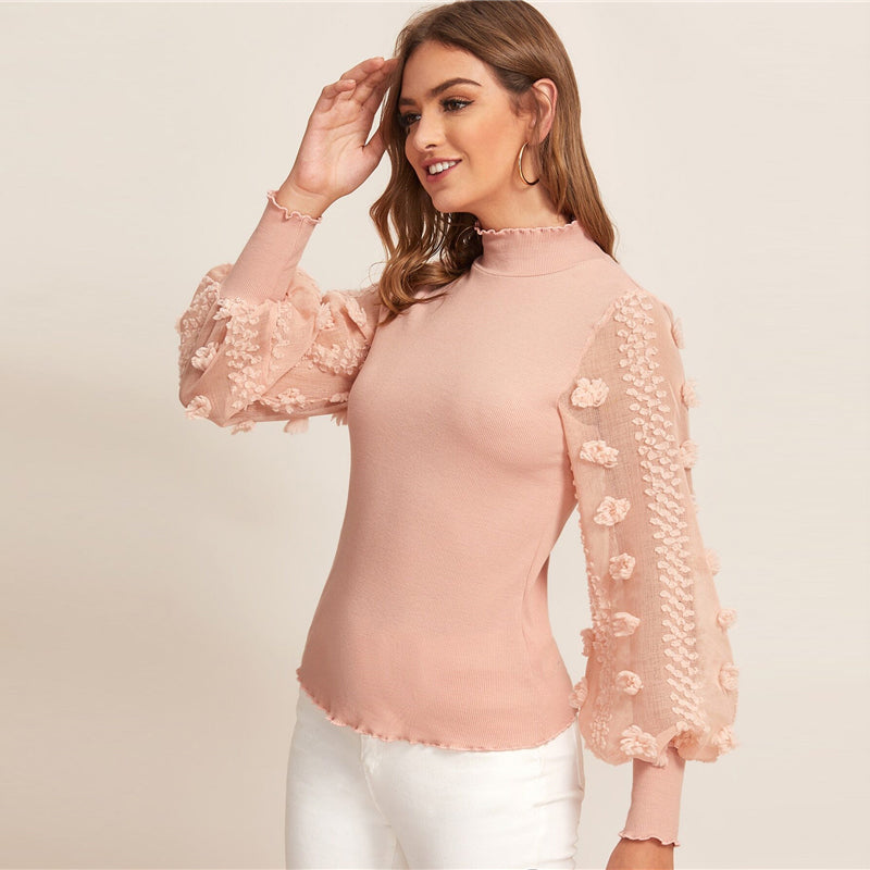 Women's Spring Polyester Long-Sleeved Blouse With Appliques