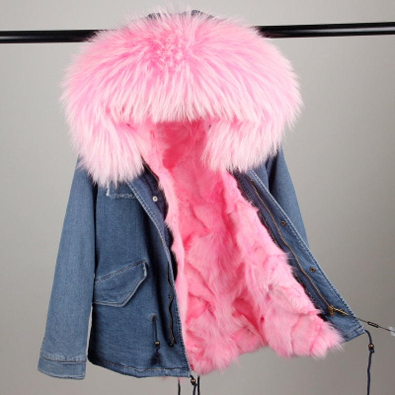Women's Winter Casual Denim Thick Short Parka With Raccoon Fur
