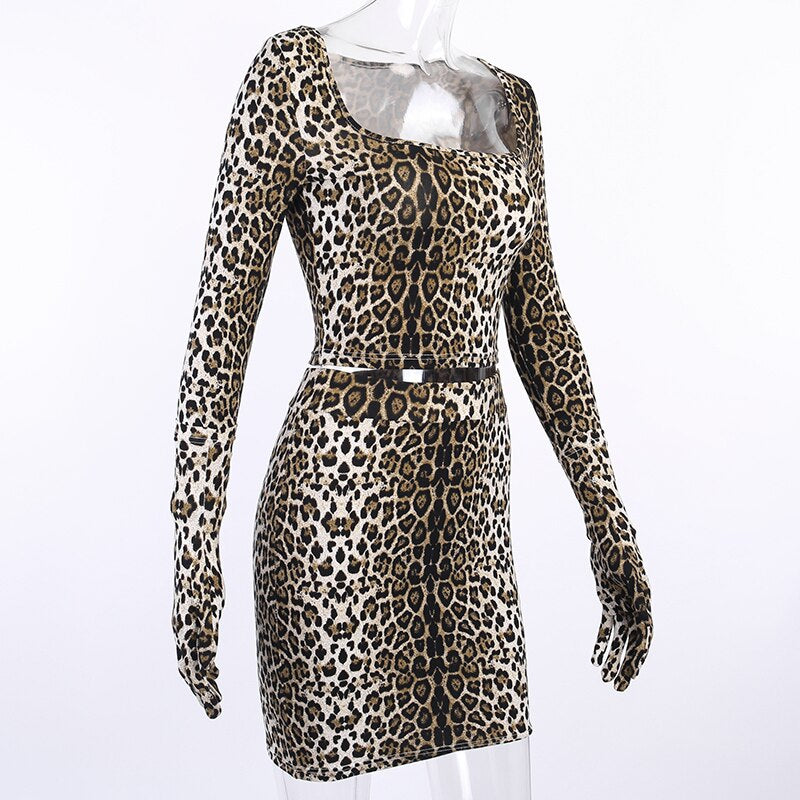 Women's Autumn Slim Stretchy Leopard Two-Piece Dress With Gloves