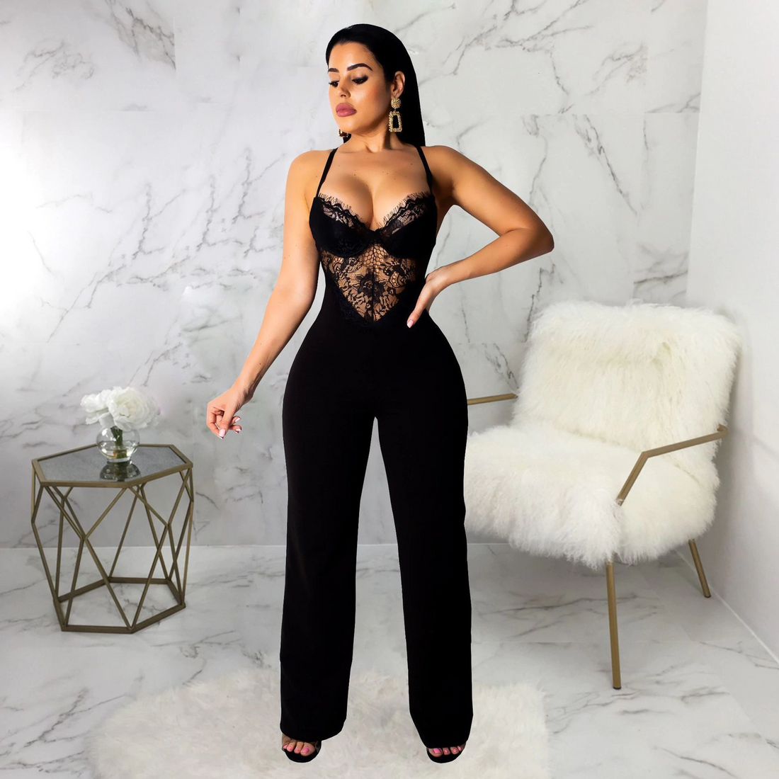 Women's Summer Backless Mesh V-Neck Jumpsuit With Lace