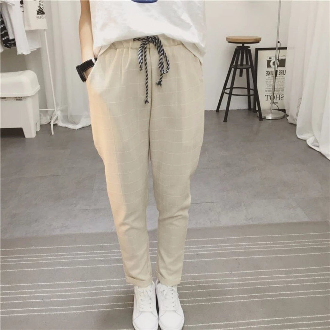Women's Summer/Spring Casual Loose Cotton Plaid Pants