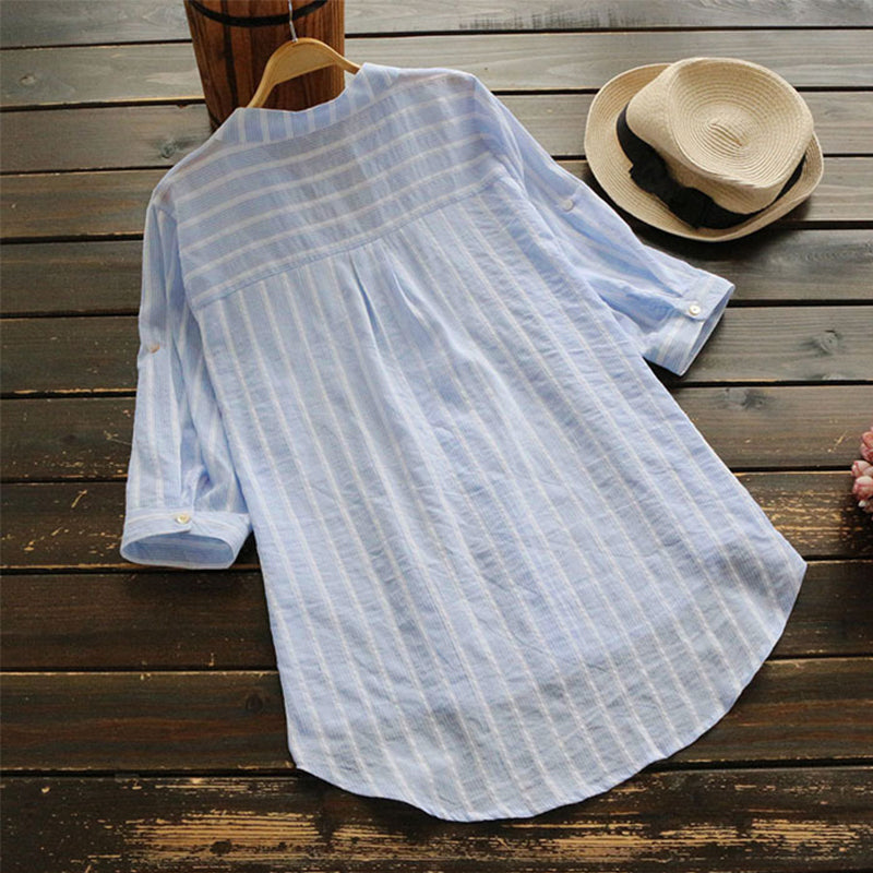 Women's Summer Casual Linen Striped Shirt With Buttons