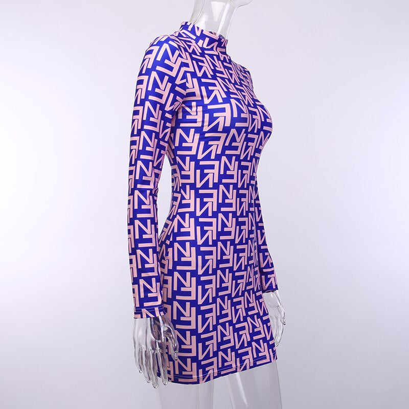 Women's Casual High Neck Printed Elastic Mini Dress