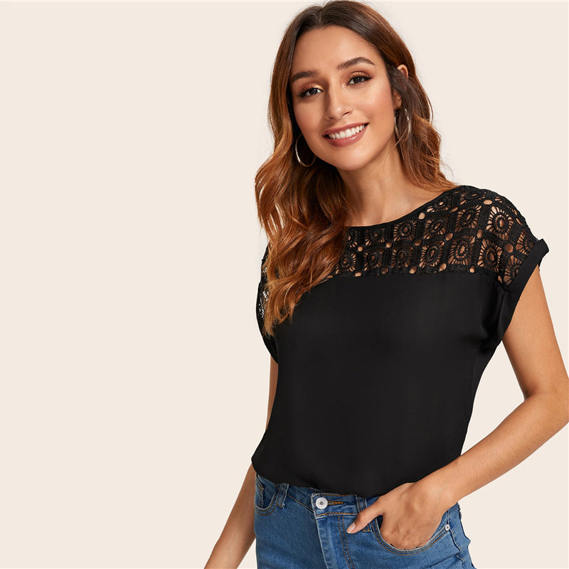 Women's Summer Short-Sleeved O-Neck Lace Blouse