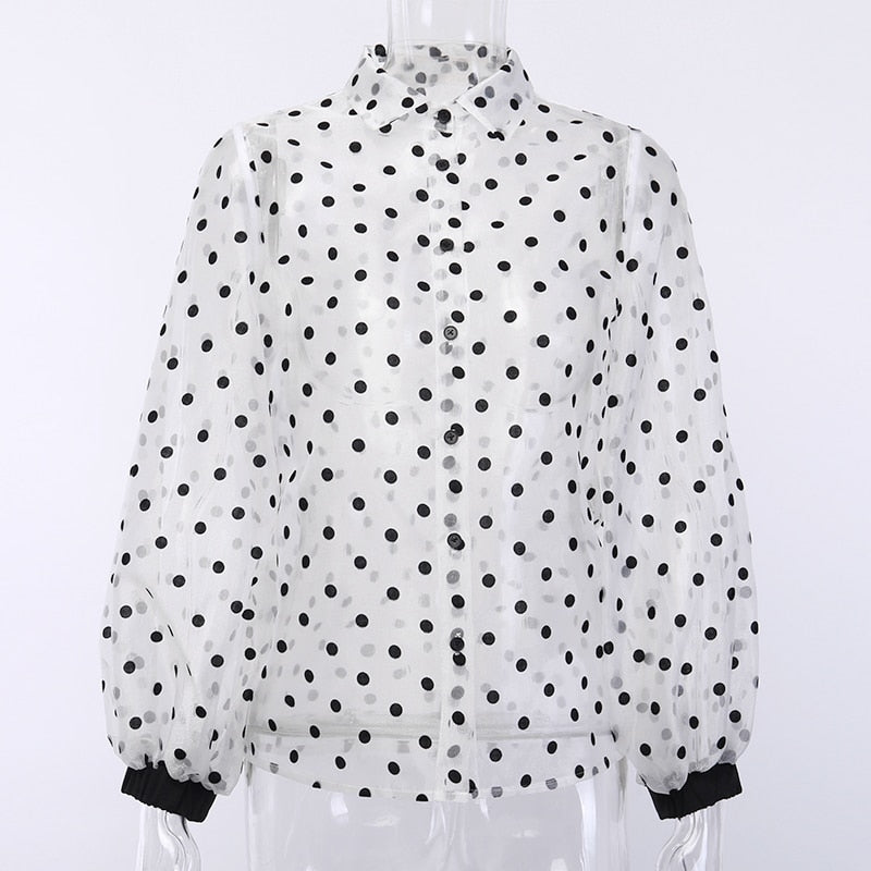 Women's Autumn Casual Mesh Buttoned Shirt With Dot Print