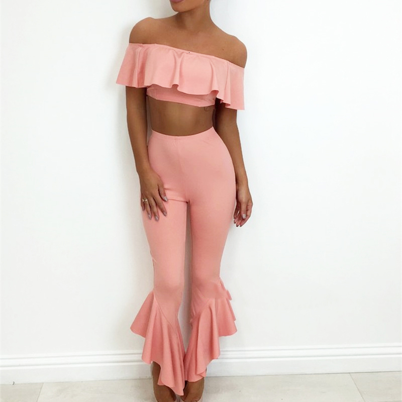Women's Summer Polyester Off-Shoulder Two-Piece Jumpsuit With Ruffles