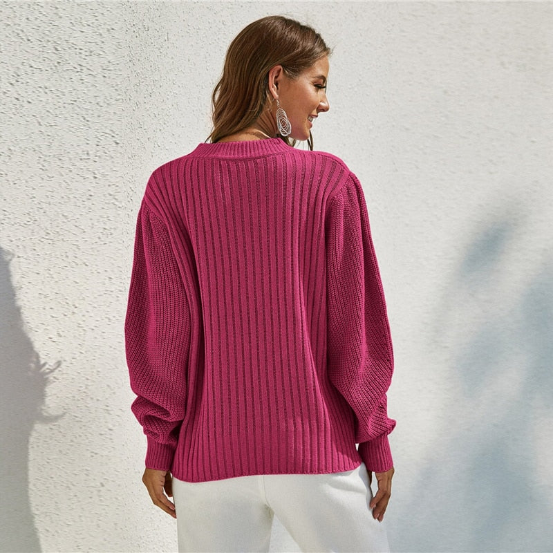 Women's Autumn Casual Acrylic Ribbed O-Neck Sweater