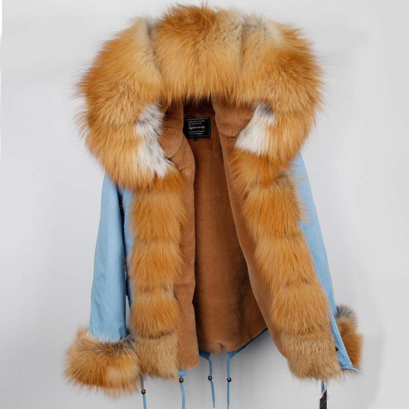 Women's Winter Casual Short Polyester Slim Parka With Fox Fur
