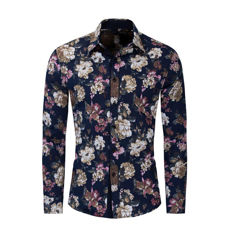 Men's Casual Cotton Long Sleeved Shirt With Floral Print