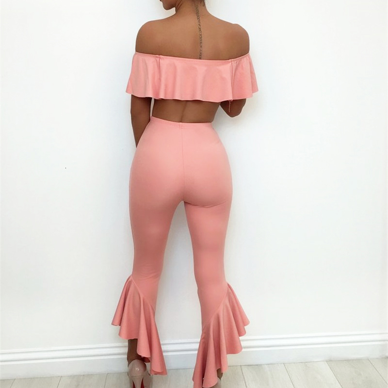 Women's Summer Polyester Off-Shoulder Two-Piece Jumpsuit With Ruffles