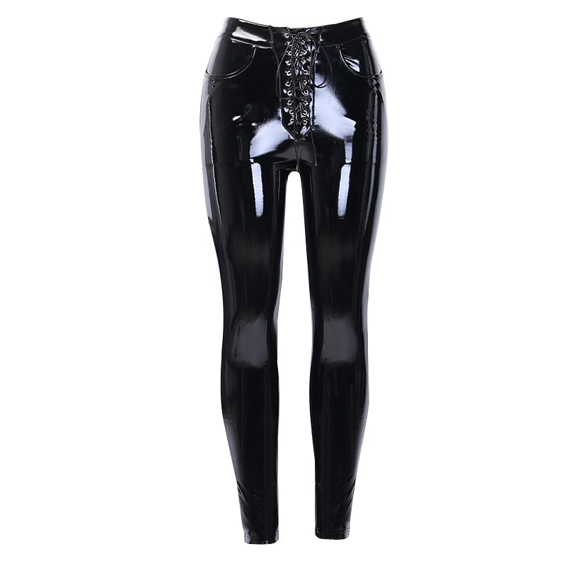 Women's PU Leather Elastic Lace Up Pants With High Waist