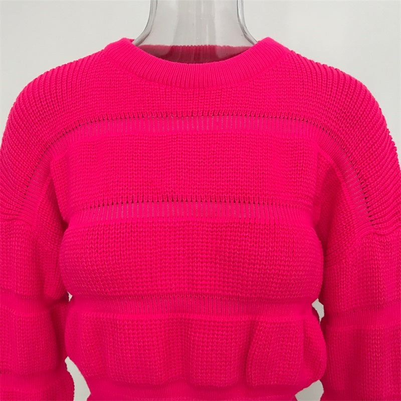 Women's Autumn/Winter Casual Knitted O-Neck Cropped Sweater
