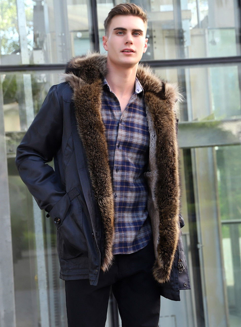 Men's Winter Casual Polyester Thick Parka With Detachable Rabbit Fur