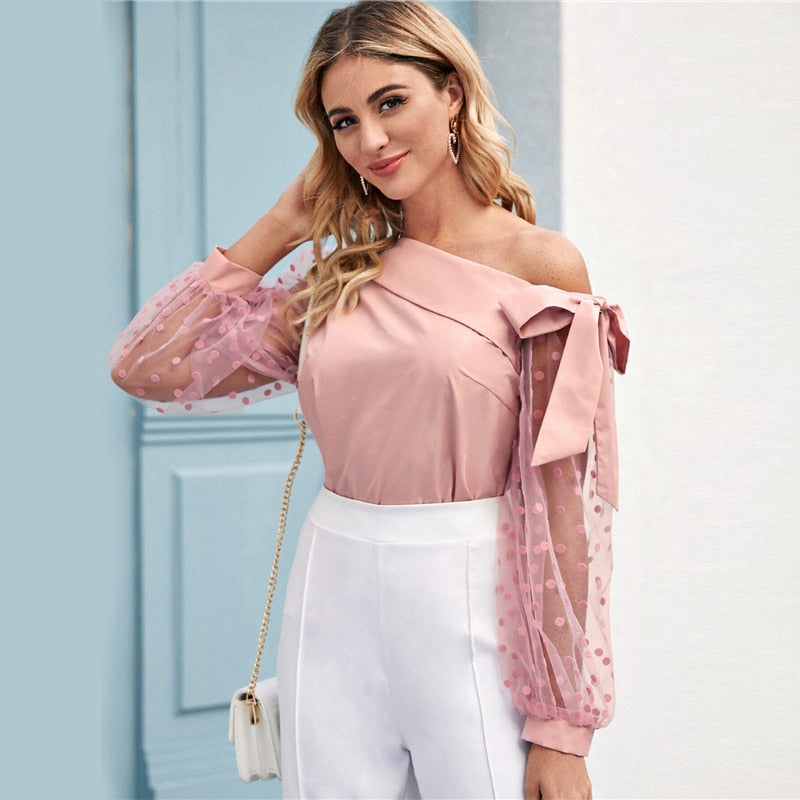 Women's Summer Mesh-Sleeved Cotton Asymmetrical Blouse